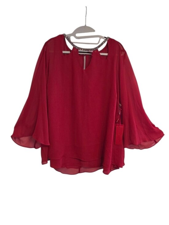 Jennifer Lopez Tops - Jennifer Lopez Blouse Sz 1X Rhinestone Neckline Bell Sleeve Top Bold Party NWT